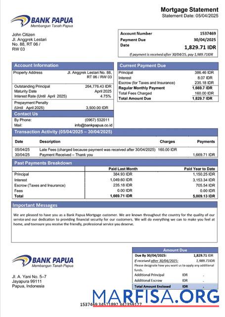 Realistic Indonesia Bank Papua mortgage statement Word and PDF template